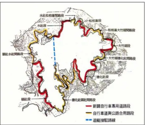 圖 2 - 3   日 月 潭 環 湖 自 行 車 道 系 統 路 線 圖   資 料 來 源 ： 自 行 車 道 設 施 設 計 準 則 彙 編 ， 中 華 民 國 景 觀 學 會 ，                    2 0 0 4 ， 臺 北 市 ： 行 政 體 育 委 員 會 。   （ 二 ） 相 關 設 施   1 