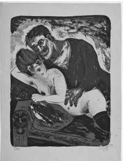 圖 3 是德國表現主義藝術家 Otto Dix（1891-1969）的版畫作品“水手和女孩”，表現 在第一次世界大戰期間軍人嫖妓的景象 ，美國紐約現代美術館網站上對這件作品的 描述是：因為戰爭導致寡婦數量的增加及貧窮的漫延 ，妓女的數量大不斷的攀升 ， 軍人因受殘酷戰爭的影響而出現暴力性的性行為（ http://www.moma.org/collection/， 2011 年 11 月 8 日瀏覽），這種暴露社會情慾黑暗面的舉動從現代西方社會的觀點來 看就是一種對社會文化的反思 。 三、回到動力學的觀點 資