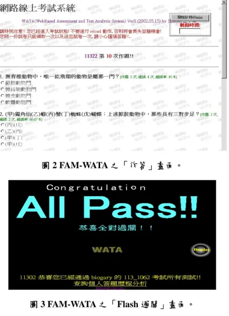 圖 2 FAM-WATA 之「作答」畫面。  圖 3 FAM-WATA 之「Flash 過關」畫面。  FAM-WATA 的特性是可讓學生在上完課程後，馬上進行形成性評量，且系 統的主機會立即批改讓學生得到「立即回饋」 ，並且可以讓學生重覆作答，但每 一次測驗都不給學習者正確的答案（圖 4），只給予作答提示，而需學習者自行 去尋找正確的答案。 