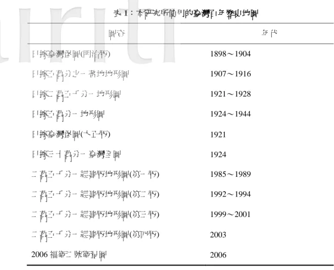 表 1：本研究所使用的臺灣百年歷史地圖  圖資  年代  日據臺灣堡圖(明治版)  1898～1904  日據五萬分之一蕃地地形圖  1907～1916  日據二萬五千分一地形圖  1921～1928  日據五萬分一地形圖  1924～1944  日據臺灣堡圖(大正版)  1921  日據三十萬分一臺灣全圖  1924  二萬五千分一經建版地形圖(第一版)  1985～1989  二萬五千分一經建版地形圖(第二版)  1992～1994  二萬五千分一經建版地形圖(第三版)  1999～2001  二萬五千