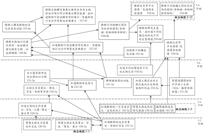 圖 3  我國教材細目中關於「生態系之物質循環」概念圖 註：分析類目之概念編號以粗體表示 伍、結論與建議 本研究旨在透過內容分析法解讀美國《科學素養圖集》中「生態系之物質 循環與能量循流」概念圖內各面向的概念命題陳述，並比較其各概念命題陳述 及學習階段與我國教材細目之差異。研究結果重要結論如下：