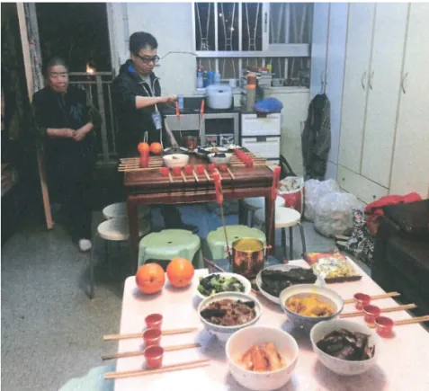 圖 3：家人點燃起香燭象徵儀式開始。陳康言拍攝，2015年。
