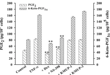 Fig. 12. Effects of KMUP-1, KMUP-3, and various agents on TNF-␣- TNF-␣-induced PGE 2 or 6-keto-PGF 1 ␣ (PGI 2 stable metabolite) production in cultured TSMCs