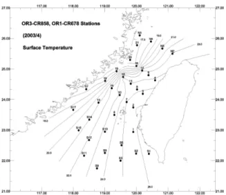 Figure 6. Surface temperature contour in the Taiwan Strait, measured during April 2003.