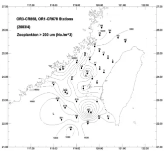 Figure 5. Density contour of >200m zooplankton in the Taiwan Strait, sampled during April 2003.