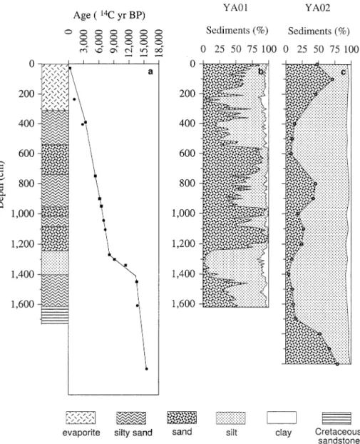 Fig. 2. (a) Radiocarbon chronology of Core YA01. Solid squares ( F ) stand for 14 C dates of YA01, while solid circles ( b ) denote