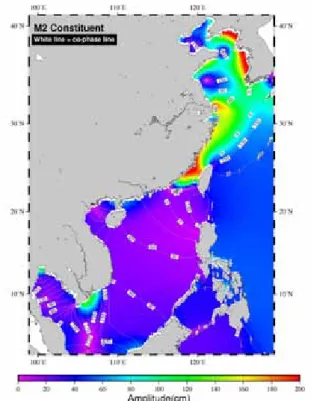 Fig. 3 Co-tidal chart (amplitudes/phases) of simulated M2 tide. 
