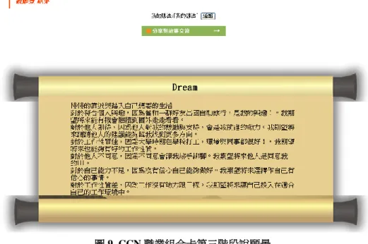 圖 9. CCN 職業組合卡第三階段說願景 5.說心      「說心」是另一個為喜歡說故事的使用者設計的生涯故事敘說輔助模組，回 顧、敘說與梳理個人過去感到愉快、有成就感或有意義的經驗，協助使用者覺察 當下的身體經驗、情緒感受與想法，從而梳理出核心的生涯之錨。在說心表格填 入關鍵經驗後，系統會自動串接成一個流暢的「說心故事」 （頁面圖像如圖 10）， 用以突顯出個人獨特的生涯之錨。  圖 10