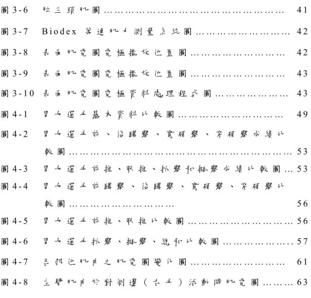 圖 3 - 6     肱 三 頭 肌 圖 … … … … … … … … … … … … … … … … …   4 1   圖 3 - 7     B i o d e x   等 速 肌 力 測 量 系 統 圖 … … … … … … … … …   4 2   圖 3 - 8     表 面 肌 電 圖 電 極 擺 放 位 置 圖 … … … … … … … … …   4 2   圖 3 - 9     表 面 肌 電 圖 電 極 擺 放 位 置 圖 … … … … … … … … …   4 3 