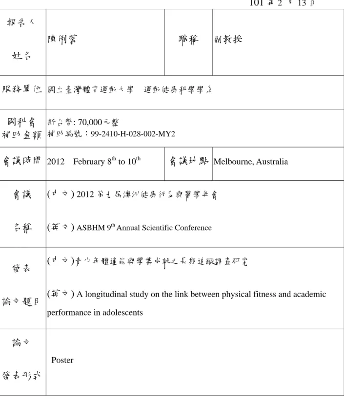 表 Y04  國科會補助出席國際學術會議報告                                                                     101 年 2  月 13 日 報告人 姓名 陳俐蓉職稱 副教授服務單位 國立臺灣體育運動大學    運動健康科學學系國科會 補助金額 新台幣: 70,000元整 補助編號：99-2410-H-028-002-MY2   