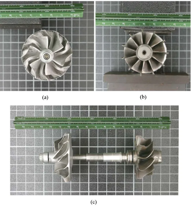圖 5 參考之微型氣渦輪機 (a)壓縮端 (b)動力端 與 (c)整體側邊 原型實體