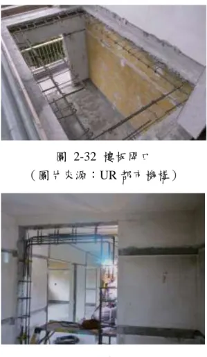 圖  2-32  樓板開口  （圖片來源：UR 都市機構）  圖  2-33  牆壁開口  （圖片來源：UR 都市機構）  「共用設備配管外部明管化」 ：  此團地（集合住宅）污水管或共用管道間大部分設置於住宅內部，也因此在 增設和更新隔間方面較為困難。  此整建案例的實驗驗證，透過提供維修平台作 為共用管道或設備機器的設置空間，不論是針對將來的更新與變動，或考慮到配 管外露造成的景觀不良情況，均具有良好的解決效果。  圖  2-34  增設維修平台  （圖片來源：UR 都市機構） 
