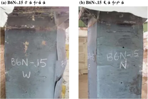 圖 4-6  試體 B6N-.15 柱板局部挫屈  (資料來源：本研究整理)  貳、試體 B6N-.20  試體 B6N-.20 施加較大之軸向載重。試驗開始時平均室溫約為 33.1°C，試 體各測點平均溫度為 33.4°C，於施加軸向載重 617.8 tf 並持壓超過十五分鐘，確 認試體變形不再增加後，開始進行定載加溫試驗。試驗初期(至加熱 28 分鐘)與 試體 B6N-.15 變形行為相同為伸長變形，但相對試體 B6N-.15 較早到達最大伸長 變形。試體 B6N-.20 於試驗 28 分鐘達最大軸向伸