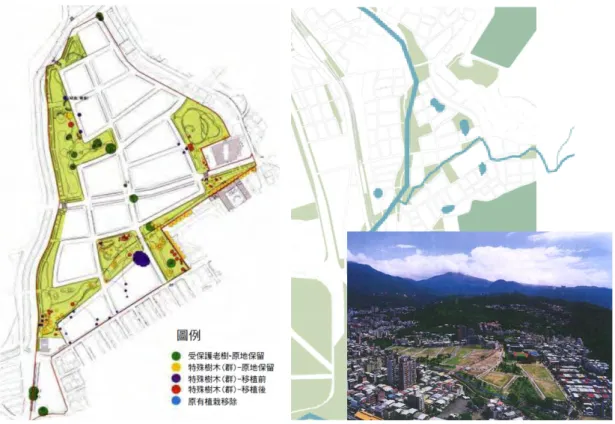 圖 2-14  系統化水圳連續公園綠地規劃示意圖  資料來源：臺北市政府  進一步研析其做為臺北市第一個實際操作示範生態社區之都市設計 管制架構，發現其對於土地開發管理角度已自景觀品質及都市活動連通的 角度擴大升級至區域生態角度出發。並因計畫區東側丹鳳山地質多為不易 涵養水分之火成安山岩，至遇暴雨水流峻急，宣洩不易。除於細計中明確 保留中心巡仔溝，保留當地原有滲水山溝特質，另於該計畫內都市設計管 制要點要求公園應規劃設置生態滯洪池，並規定私人建築開發於基地內考 量規劃配≧5 年暴雨頻率產生之滯洪量，要求應與