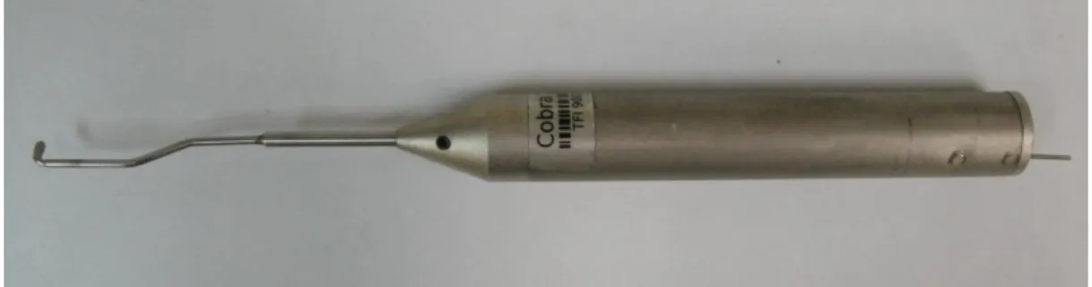 圖 3-10 TFI cobra probe  資料來源：本研究拍攝  本研究低層建築物氣動力模型利用壓克力板製作，建築物模型幾何尺寸為 高 4 公分、寬 10 公分、深 6 公分，模型的高寬比為 2:5、寬深比為 5:3。風壓 孔以細 PVC 管線製作之壓力傳感管線系統(tubing  system)與量測儀器相接，本 次模型實驗視屋頂坡度變化於模型屋頂面與四周牆面共佈設 107~136 個風壓孔， 利用本所實驗室現有的電子式壓力掃描器量測模型屋頂面及側面同步的風壓資 料。氣動力模型實驗量測時，安裝在山丘