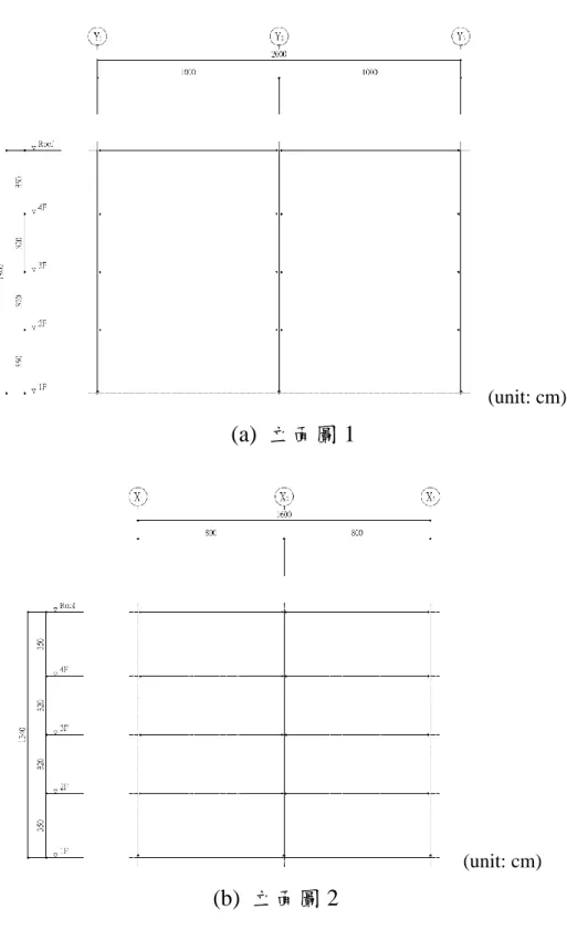 圖 4-9 為 3×3 柱位配置之方案一的實尺寸鋼構架屋初步設計之立面 圖，共 4 層樓，由於此 4 層樓為原 9 層樓樣板鋼構大樓的第 1 層樓至第 4 層樓，故方案一實尺寸鋼構架屋的第 1 層樓和第 4 層樓的樓高皆為 3.5m， 第 2 層樓和第 3 層樓的樓高皆為 3.2m，總高度為 13.4 m。    (unit: cm) (a)  立面圖 1  (unit: cm) (b)  立面圖 2 