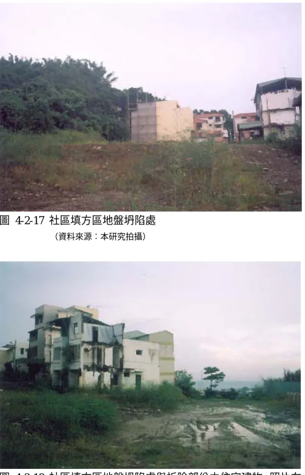 圖 4-2-18 社區填方區地盤坍陷處與拆除部份之住宅建物，照片右 方即為與狀元及第社區相鄰之擋土設施位置 