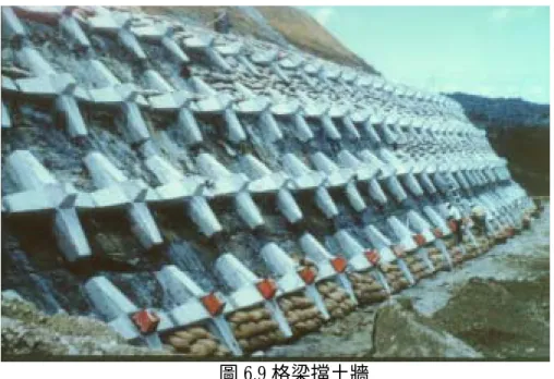 圖 6.9 格梁擋土牆  （2）錨拉式排樁擋土牆：      錨拉式排樁擋土牆與錨拉式幕牆擋土牆頗為相似，係以打設成排之 鋼樁、預力混凝土樁或場鑄混凝土樁替代幕牆而成，此型式擋土牆較適 用於已呈不穩現象或穩定性不佳，且坡趾不適於先行開挖之軟弱土坡或 極風化岩坡。以下就錨拉式擋土牆為例作細部之探討：  6.4.1 錨拉式擋土牆概述  於坡地工程中，坡地工程之工作面積均較大，且其工作面也常為形 狀不整齊的坡地，利用地錨工法可提供較大之下滑阻抗力，因此對邊坡 之檔土可得到較佳之結果，採用錨碇工法是極為合理且有利的
