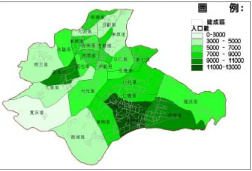 圖 3-1.2  大里市各里人口分佈示意圖  表 3-1.2  大里市人口成長表                           單位：人：﹪  年 溪南地區  年成長率 溪北地區 年成長率 全市人口  年成長率  69 35430 -  37776 - 73206 -  70 38932 9.00  39046 3.25  77978 6.12  71 42403 8.19  40409 3.37  82812 5.84  72 45483 6.77  41907 3.57  87390 5.24  
