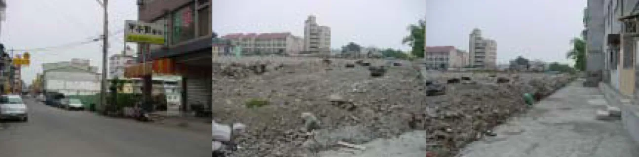 圖 3-2.7 金巴黎社區大樓拆除後現況（2002.06 拍攝）  第三節    大里市潛在自然災害種類與分佈  根據相關自然環境條件資料套疊結果顯示(如圖 3-3.1 及 3-3.2 所 示)，大里市目前潛在災害災害仍屬東側車籠埔斷層的經過對當地的生 活環境造成的威脅最大，並也在經歷 921 地震後獲得證實，且相關土地 規範及重建工作亦由本市與相關部門合力進行之。除地震的威脅外，境 內部分河川早期每逢颱風便造成沿線地區的淹水災情，且透過相關模擬 結果發現，大里溪在 600 公厘淹水深時將可能對於沿線土地造