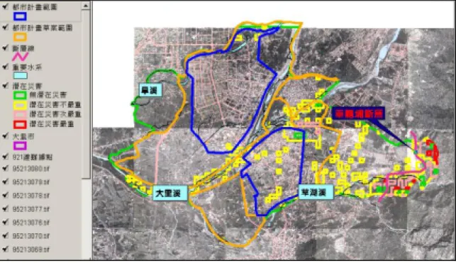 圖 3-3.2  大里市潛在自然災害分布示意圖  圖 3-3.2  大里市淹水模擬示意圖  第四節  大里市公共空間資源分佈現況  一般而言，都市空間防災資源均以都市實質公共空間作為劃設或指 定避難及防救災據點，而所謂的實質公共空間則可指體育場、公園、綠 地、廣場、兒童遊戲場、停車場及學校等開放空間，惟當中的綠地、廣 場、停車場、兒童遊戲場大部份均屬於零星分布性質，所佔面積較小， 屆時災害發生將可能受限於面積過小亦僅能提供第一階段緊急性的臨600 公厘淹水深150 公厘淹水深
