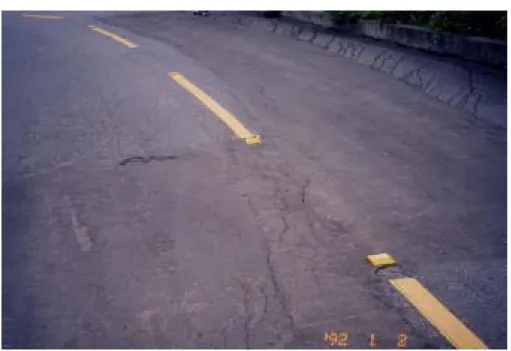 圖 4.4 道路裂縫有成長之跡象(2002 .6.9) 4.增設安全監測儀器  本社區由於以委外進行完整之大地監測作業，測讀數據完整，覆蓋 範圍亦廣。因此本計畫中針對本社區並未提出安全監測儀器增設之計 劃，僅於部分擋土牆及護坡等設施裝設簡易觀測儀器(載玻片、裂縫計)， 作為例行檢視作業測讀之依據。 