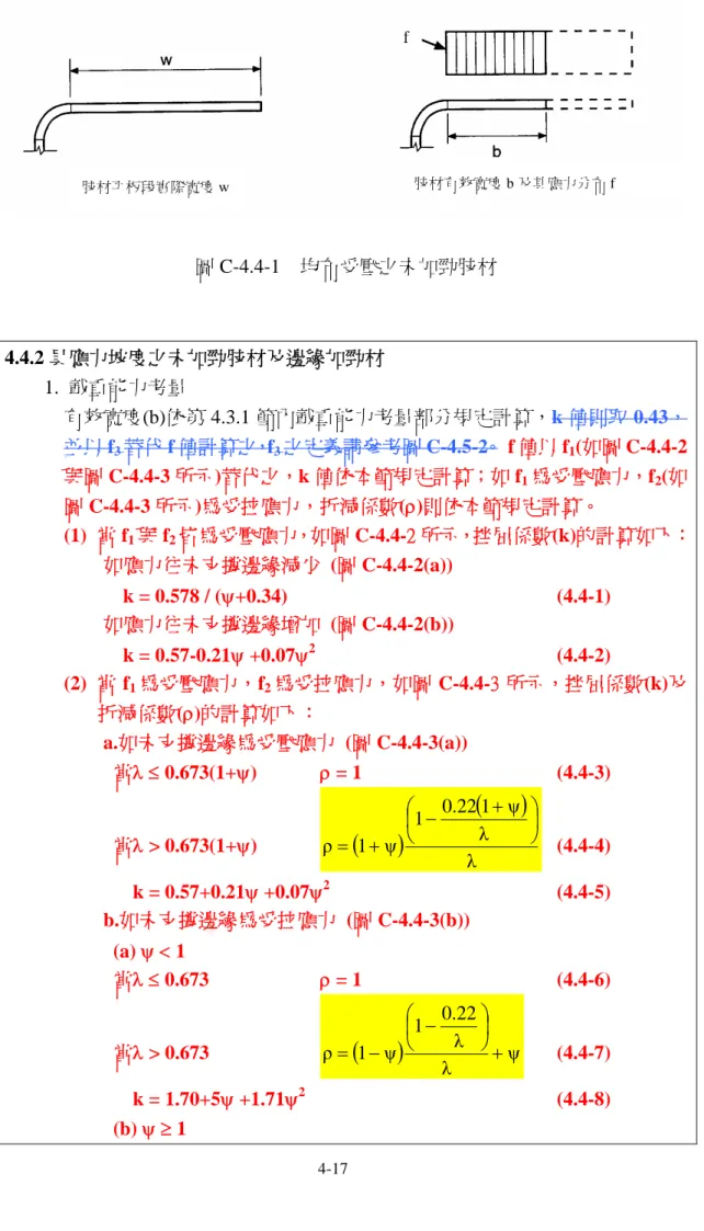 圖 C-4.4-1 均布受壓之未加勁肢材 4.4.2 具應力坡度之未加勁肢材及邊緣加勁材 1. 載重能力考量 有效寬度(b)依第 4.3.1 節內載重能力考量部分規定計算，k 值則取 0.43， 並以 f 3 替代 f 值計算之，f 3 之定義請參考圖 C-4.5-2。 f 值以 f 1 (如圖 C-4.4-2 與圖 C-4.4-3 所示)替代之，k 值依本節規定計算；如 f 1 為受壓應力，f 2 (如 圖 C-4.4-3 所示)為受拉應力，折減係數()則依本節規定計算。 (1) 當 f 1 與 f 2