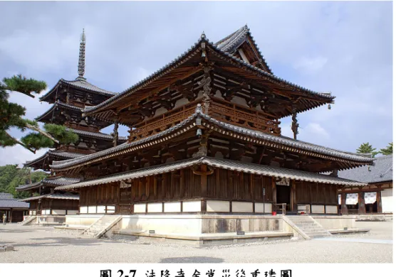 圖 2-7  法隆寺金堂災後重建圖  (圖2-5~圖2-7資料來源：網路資料照片、本研究整理)  表 2-9  韓國、德國古蹟與歷史建築火災案例探討  場所  發生經過  崇禮門火災  韓國首爾市  2008.02.10  1.起火原因：人為縱火  2.白天有三名值員巡邏，假日僅有一名，晚上八點後竟無人值班，造成管理上的嚴重漏洞。  3.並無安裝自動撒水設備與火災自動警報設備等消防設 施，僅有八個滅火器。  4.並無應有預備滅火搶救方案，導致延誤搶救時機。  5.損失：全部燒毀  安娜．阿瑪麗亞圖書館  德