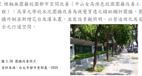 圖 3.38 圍牆改善照片  資料來源：台北市都市更新處，2009  圖 3.39 環境景觀改善照片  資料來源：台北市都市更新處，2009  2.綠軸無圍籬校園都市空間改善（中山女高綠色校園圍籬改善工 程）：高聳之學校水泥圍牆改善為視覺穿透之鑄鋁欄杆圍牆，圍牆外側並新增花台及灌木叢，並裝設景觀照明，以營造綠化及安全之行道空間。     3.人行開放空間及綠化植栽改善（第一殯儀館周圍環境景觀改善工 程）：以複層植栽，型塑寧靜花園空間感，並配合充足植栽照明，避免夜間陰暗氛圍，期營造出溫暖感受。   「綠之網工