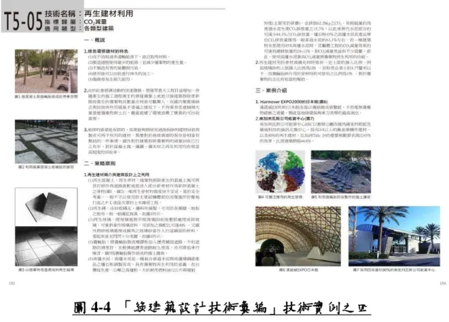 圖 4-4  「綠建築設計技術彙編」技術實例之四  (資料來源：綠建築設計技術彙編)  第二節  「智慧建築技術彙編」部分  4-2.1  智慧建築技術彙編的構成內容大要      在「智慧建築設計技術彙編」部分，智慧建築研究團隊依據上節敘述之編輯 原則，根據「智慧建築解說與評估手冊 2011 年版」之評估指標項目，收集國內 外相關技術資料，現階段共彙整出相關技術共 50 項，智慧建築設計技術彙編整 體架構與項目類別如表 4-3 所示。      「智慧建築設計技術彙編」之技術項目對應更新後之智慧建築標章八