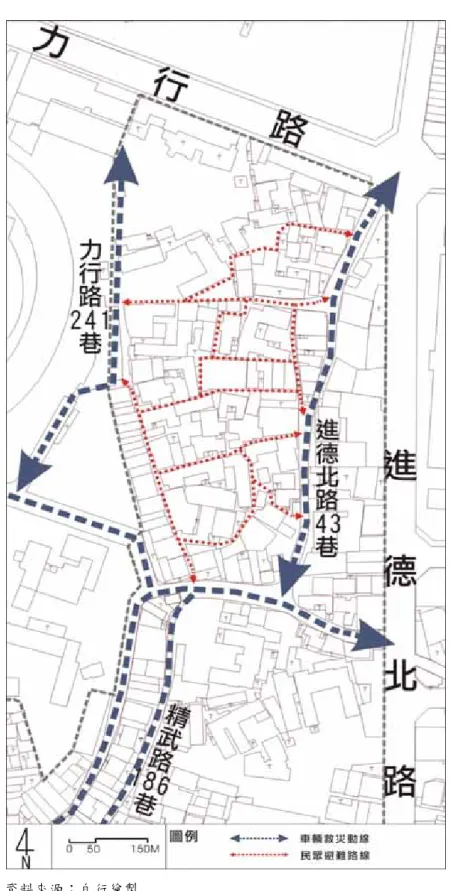 圖 7-1-1 力行路 241 巷與進德北路 43 巷所為區域救災避難路徑圖 