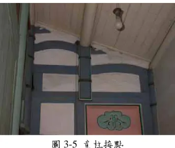 圖 3-5  童柱接點  為探討藤箍位置與其效果的關係，本研究首先利用有限元素法 針對此類接點的力學行為作進一步分析，並針對不同位置的木材受 到彎矩作用而產生的張應力進行討論。在進行分析時，由於所分析 的對象幾何皆對稱，因此分析時僅取一半且局部進行分析以降低計 算量。在所使用的元素方面，使用 Solid 184 元素，如圖 3-6 所示 該元素共有 20 個節點（Node） ，每一個節點有三個位移的自由度， 使用這樣元素的好處是可以降低網格的密度，使得元素數量降低， 因此計算量得以降低此外更可提高解析度。在