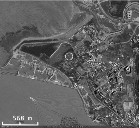 圖 3- 4  淡水中央電台周圍建築物(圓圈處電台位置)  資料來源：Google Maps 