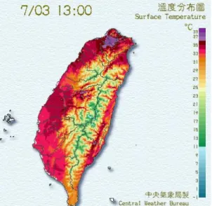 圖 2.13 台灣溫度分佈圖  資料來源：中央氣象局網頁 3.2.2  國內生態城市改善案例  「生態城市綠建築推動方案」相關計畫內，當初會研提辦理都市生態改善之相關子計畫「競爭型之都會區都市熱島效應退燒策略計畫」及「傳統街區生態改造示範計畫」，係因為全球氣候變遷暖化現象日益顯著，過去百年間，台灣的年平均氣溫上升了約1.4℃，大約是全球暖化速率的兩倍（許晃雄，2009），都市熱島效應加重暖化影響，今年7月3日，台灣高 溫創下歷史高點，從中央氣象局 資料顯示，台灣都市地區炎熱程 度尤其嚴重，都市熱島效應不只是