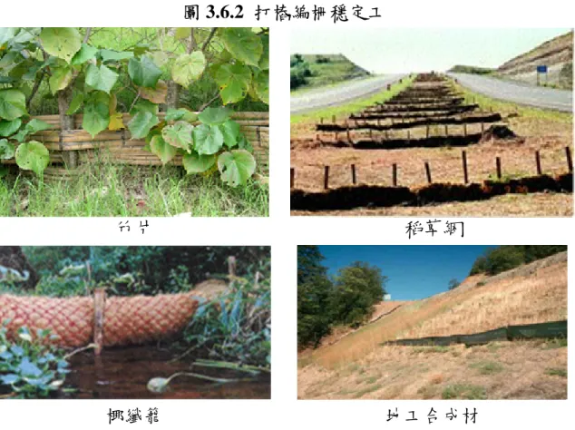 圖 3.6.2  打樁編柵穩定工 竹片 稻草綑 椰纖籠 地工合成材 3.6.2  材料  編柵之材料可為竹片、樹枝、地工織物、稻草(麥桿)綑、椰纖籠 等。木椿可採用枯木樁，或萌芽力強之黃槿、榕樹、雀榕、鳥榕、九 芎等萌芽木椿。  3.6.3  設計  1