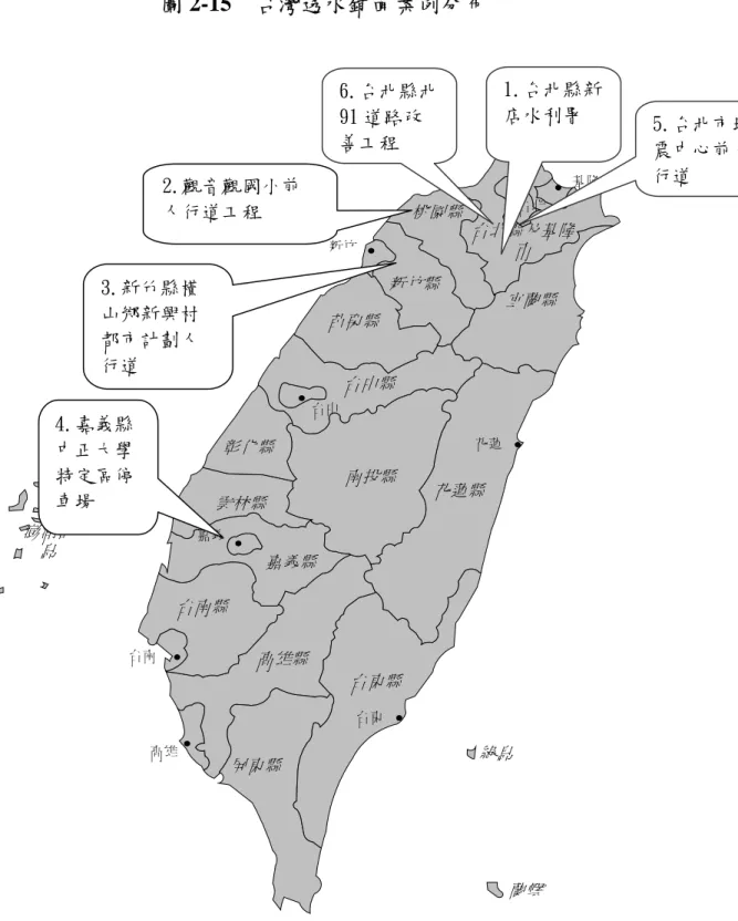 圖 2-15  台灣透水鋪面案例分布  資料來源：林志棟，2005 新竹縣澎湖群島高雄縣屏東縣台東縣台南縣嘉義縣 台北縣及基隆市南投縣花蓮縣雲林縣彰化縣台中縣苗栗縣宜蘭縣桃園縣蘭嶼綠島新竹 基隆台北台中嘉義台南高雄台東花蓮4.嘉義縣中正大學特定區停車場 3.新竹縣橫山鄉新興村都市計劃人行道 6.台北縣北91 道路改善工程 2.觀音觀國小前人行道工程  5.台北市地震中心前人行道 1.台北縣新店水利署 