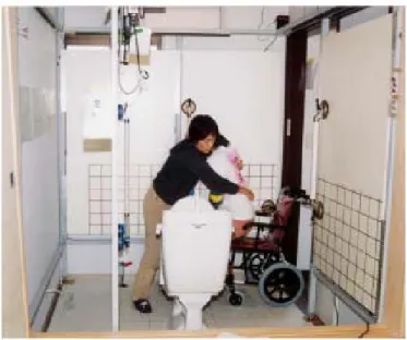 圖 2-1  使用扶手進行看護作業的情形  資料來源：2001 年 9 月本建築學會大會學術演講概要集，演講編號 5411「在住 宅廁所中使用看護用輪椅為下肢癱瘓患者進行照護的實驗－設有便於使用的扶 手之場所」 圖 2-2  扶手托架應預留行進時之手指空間避免干擾 資料來源：http://www.universaldesign.com 