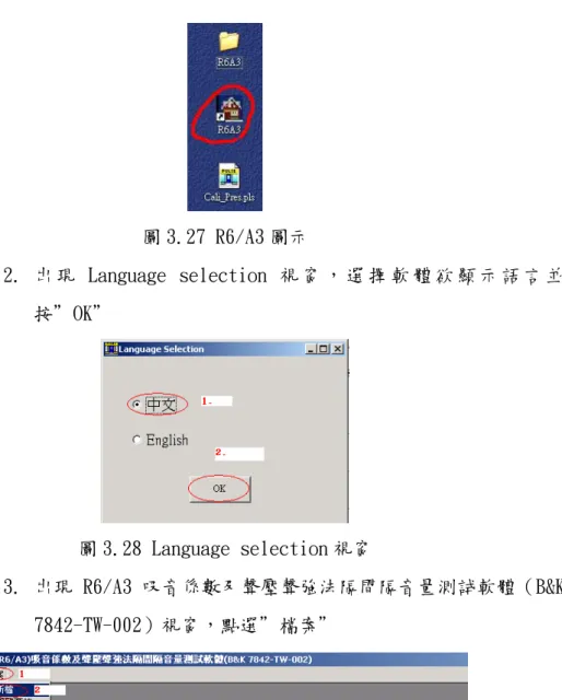 圖 3.27 R6/A3 圖示  2.  出 現 Language  selection 視 窗 ， 選 擇 軟 體 欲 顯 示 語 言 並 按＂OK＂  圖 3.28 Language selection 視窗  3