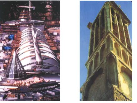 圖 2-1  左：英國 BLUEWATER SHOPPING CENTER，右：在阿拉伯大 公國杜拜有許多建築物設計出 BADGIR 造型，以作為風力引入（BATTLE,  1999）  （2）自然通風的出口：通風塔（wind tower）  利用風力吹過通風塔出風口時造成的局 部 負 壓 ， 或 是 帶 動 葉 片 式 通 風 球 （ turbine  ventilator）旋轉形成抽氣負壓，並配合流動空 間（管道）的設計，將室內空氣抽離，對於室 內空氣的循環有良好的效果。通風塔之裝置可 利用機械製造方式