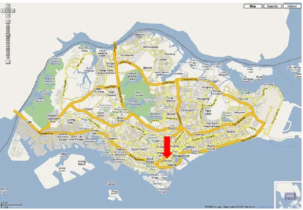 圖 2-11   牛車水位置圖    (資料來源：Google Map)  圖 2-12  1900 年代牛車水街道  (資料來源：http://www.chinatownology.com/chinatown_singapore  .html)                    今日牛車水街景已有所轉變，歷經都市更新、整修及發展工程後已成為著名的旅遊 景點，徒步區的兩旁有許多攤販在販售紀念品或手工藝品，而洋樓下老字號店鋪林立， 販售著各是食品或紀念品。藉由歷史古蹟的保存，發展出觀光區的和保留區的牛車水