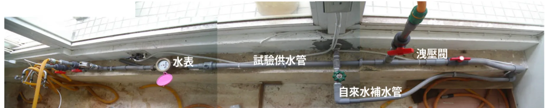 圖 3-23 試驗用水管線配置上視圖 圖 3-24 試驗用水管線配置側視圖 自來水補水管試驗供水管 洩壓閥水表壓力計表出水口出水控制閥