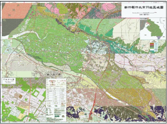 圖 圖圖 圖 33 3-3-- -1 1  1 竹北市行政區域圖1 竹北市行政區域圖 竹北市行政區域圖 竹北市行政區域圖 資料來源資料來源資料來源 資料來源：： ：內政部全球資訊網：內政部全球資訊網 內政部全球資訊網。內政部全球資訊網。 。 。 三、自然環境  (一) 地質、地形與地勢  1、地形與地勢  竹北市是新竹縣轄中地形最為平坦，可利用平地最多的市鎮，全市 可利用之平原面積約為 4500 公頃，佔總行政區面積的 90.04％，東側 山坡地坡度介於 18 度至 45 度之間，地勢由東向西南傾斜，北側山