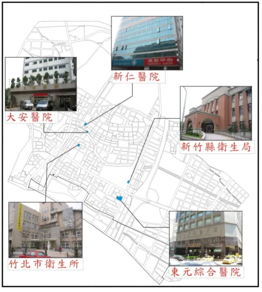 圖 圖圖 圖 33 3-3-- -2323 23 竹北23竹北竹北 竹北( (含斗崙((含斗崙含斗崙 含斗崙)) ) )  醫療據點醫療據點 醫療據點位圖醫療據點位圖位圖 位圖  資料來源資料來源資料來源 資料來源：： ：本研究整：本研究整 本研究整理本研究整理 理。理。 。 。 (二)避難據點系統  避難據點系統主要是在災害發生時，提供地區居民進行臨時避難或是臨 時收容的場所，而避難場所的選擇必須依照災害的特性不同而有所區別，如 對於水災與地震災害之避難場所需求方面，水災需要地勢較高或是高樓層的 避難場所