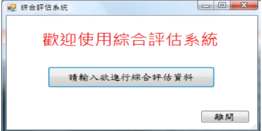 圖 圖 圖 圖 33 3-3-- -111111 11   綜合評估系統表單示意圖綜合評估系統表單示意圖綜合評估系統表單示意圖 綜合評估系統表單示意圖  ( ( (資料來源(資料來源資料來源 資料來源:: :本研究: 本研究整理本研究本研究整理整理 整理))) )  圖圖圖 圖 33 3-3-- -121212 12   輸入綜合評估資料示意圖輸入綜合評估資料示意圖輸入綜合評估資料示意圖 輸入綜合評估資料示意圖  ((( (資料來源資料來源資料來源 資料來源:: :本研究:本研究本研究 本研究整理整理整理 