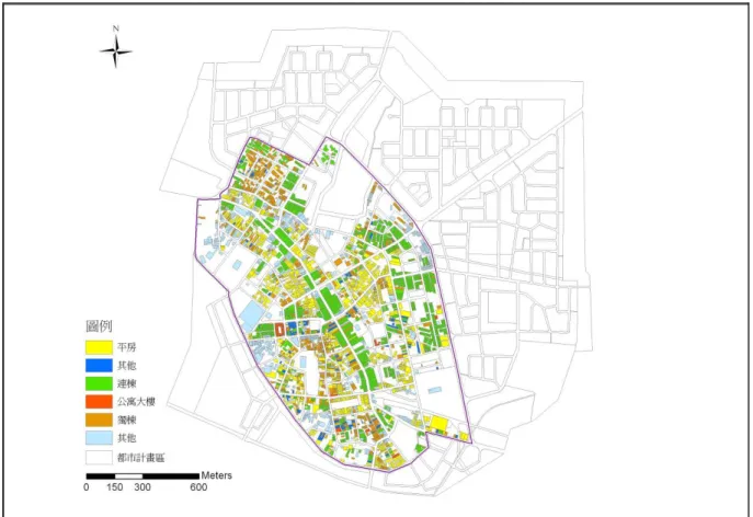 圖 3-15 鹿港福興地區建物使用型態分佈圖  資料來源：本研究繪製  而在建物結構類別方面，分類為鋼筋混凝土、加強磚造、磚造、金屬（鐵皮屋）、 木造及其他等，建築物結構則以RC或鋼骨結構為最多，佔33%，其次為磚造建築， 佔30％，磚造與木造建築主要集中於中山路與埔頭街，位於古蹟保存區內，當地震 發生時，此類型之建物耐震係數不高且易燃，因此容易產生二次災害（如火災）， 而加強磚造建築由市區往外擴張，至中正路則大部分為鋼筋混凝土的建物。  表 3-14 建物結構類別統計表  建築物結構  棟數  百分比（%