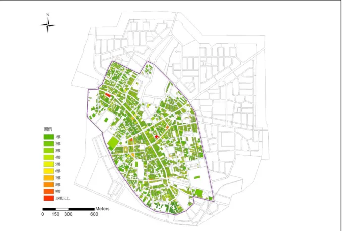 圖 3-17 鹿港福興地區建物樓層數分佈圖  資料來源：本研究繪製  建築物年代方面，20-30年內佔31%，30年以上佔30%，且多集中於古蹟保存區， 於市區外圍則呈現建物較新的狀態。  表 3-16 建築物年代統計表  建築物年代  棟數  百分比（%）  10 年以內  689 13%  10-20 年內  1,084 20%  20-30 年內  1,684 31%  30 年以上  1,594 30%  不祥  314 6%  合計  365 100%                       