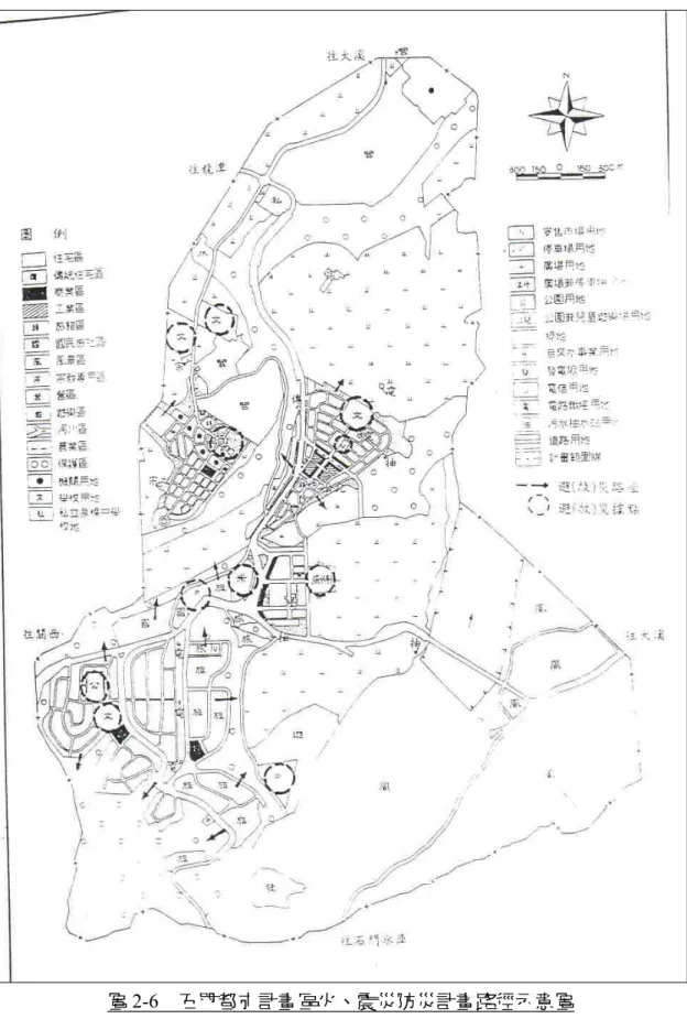 圖 2-6  石門都市計畫區火、震災防災計畫路徑示意圖  資料來源：變更石門都市計畫第二次通盤檢討書，2002。 