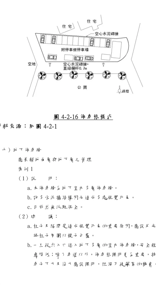 圖 4-2-16 停車格樣式  資料來源：同圖 4-2-1  （ 十 ） 地 下 停 車 場   應 兼 顧 地 面 層 與 地 下 層 之 管 理   案 例 1  （ 1） 說     明 ：   a.本 停 車 場 為 地 下 室 內 多 層 停 車 場 。   b.許 多 水 泥 牆 結 構 因 而 造 成 多 處 視 覺 死 角 。   c.目 前 並 無 派 駐 保 全 。   （ 2） 建     議 ：   a.柱 子 及 隔 間 是 造 成 視 覺 死 角 的 重 要 原 因，應 設 反 