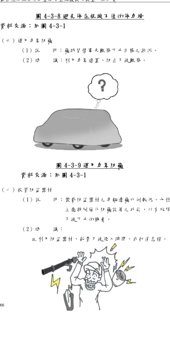 圖 4-3-8 避免停在視線不佳的停車場  資料來源：同圖 4-3-1  （ 六 ） 運 用 車 罩 防 竊   （ 1） 說     明 ： 竊 賊 習 慣 事 先 觀 察 下 手 目 標 之 狀 況 。   （ 2） 建     議 ： 利 用 車 罩 遮 蓋 ， 防 止 歹 徒 觀 察 。   圖 4-3-9 運用車罩防竊  資料來源：同圖 4-3-1  （ 七 ） 投 資 防 盜 器 材   （ 1） 說     明 ： 裝 載 防 盜 器 材 之 車 輛 遭 竊 比 例 較 低 。 女 性 車 主