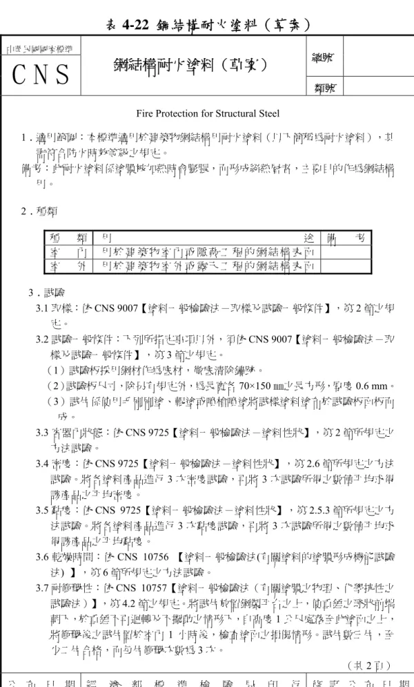 表 4-22  鋼結構耐火塗料（草案） 